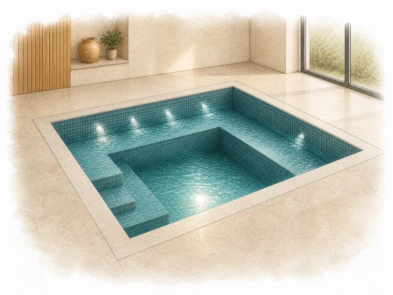 Готовая мозаичная SPA-чаша с водой, подсветкой и работающим гидромассажем
