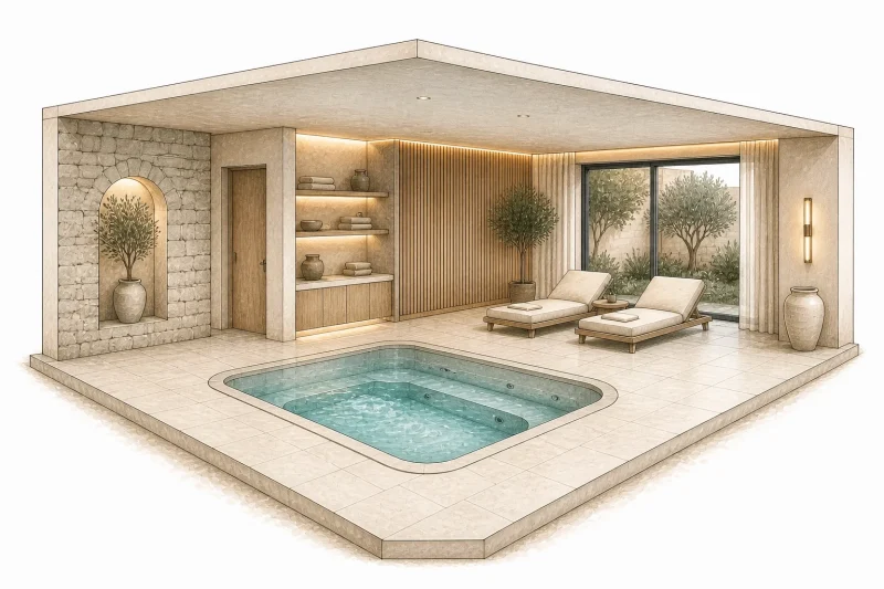 Архитектурная иллюстрация частной SPA-зоны с гидромассажной чашей и местами для отдыха