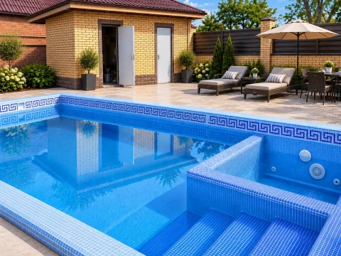 Открытый мозаичный бассейн с отдельной SPA-зоной